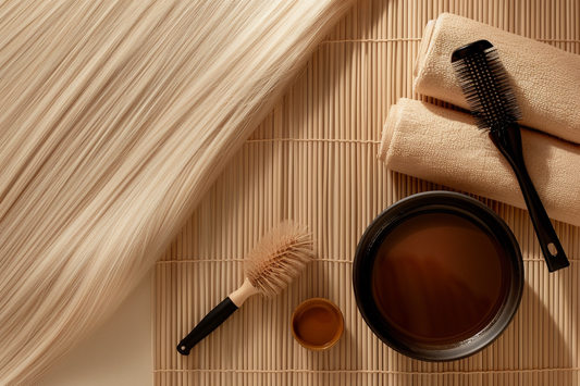 Flat lay of raw Vietnamese 613 blonde bone straight hair bundles on a bamboo mat with professional dyeing tools, including a tint brush, mixing bowl with auburn hair dye, and towels, styled in a salon editorial setting