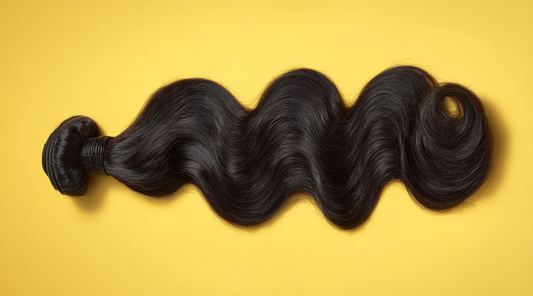 Luxury raw Vietnamese body wave hair bundle in jet black, single donor, super double drawn, photographed on a clean yellow background – premium human hair extensions for sleek installs and protective styles.