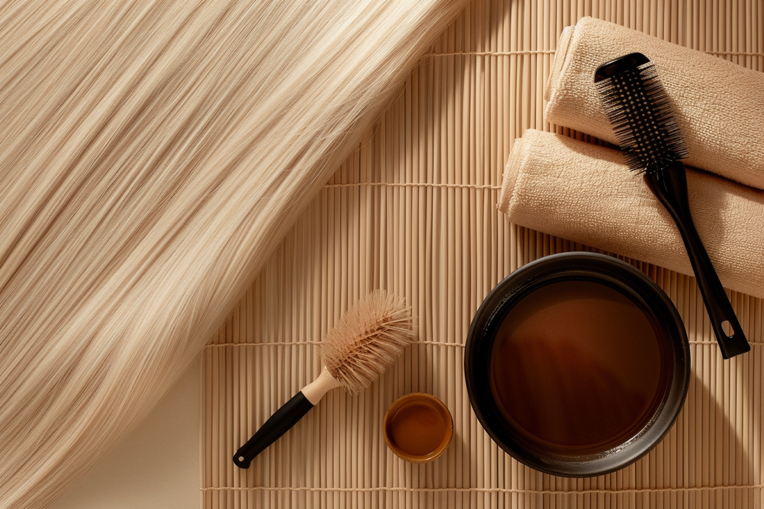 Flat lay of raw Vietnamese 613 blonde bone straight hair bundles on a bamboo mat with professional dyeing tools, including a tint brush, mixing bowl with auburn hair dye, and towels, styled in a salon editorial setting